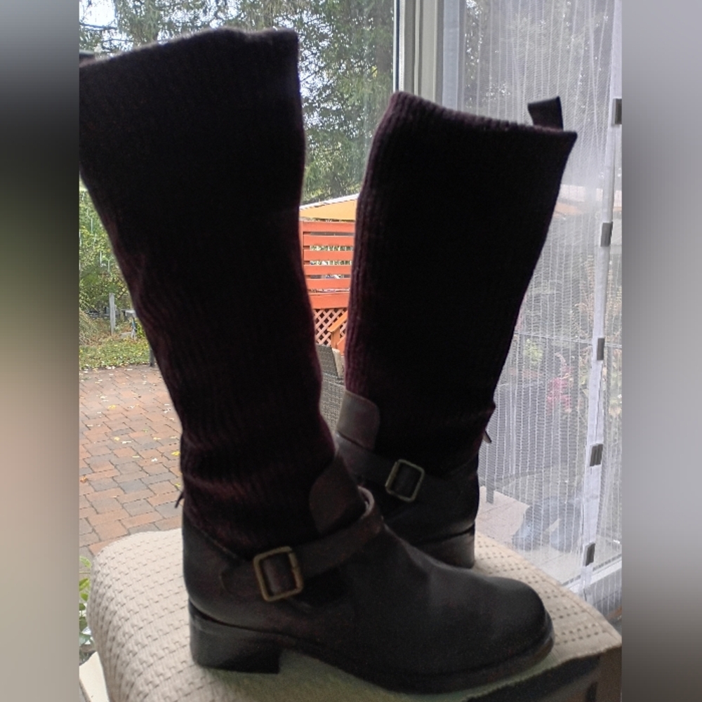 Brown Sweater Knee High Boots Cable Knit LeatherWedge Vintage Iile New
